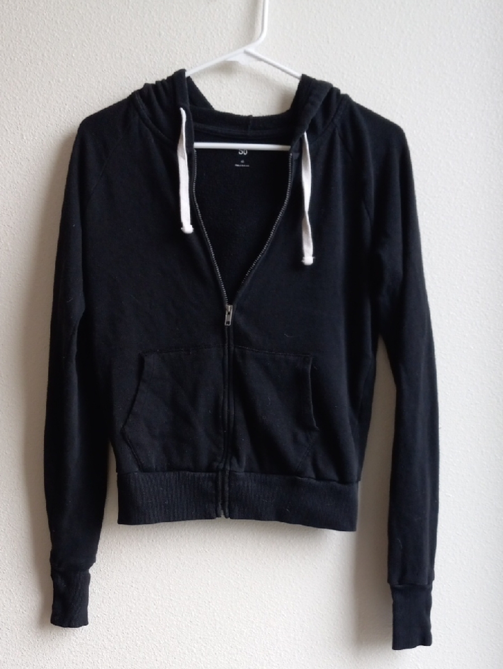 SO Black Zip-Up Hoodie with White Drawstrings